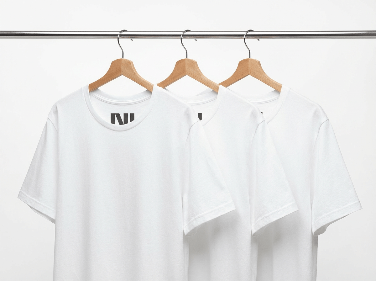 Pack of three tailored fit white 100% Airlume cotton t-shirts by MOEBEER, crew neck basics bundle