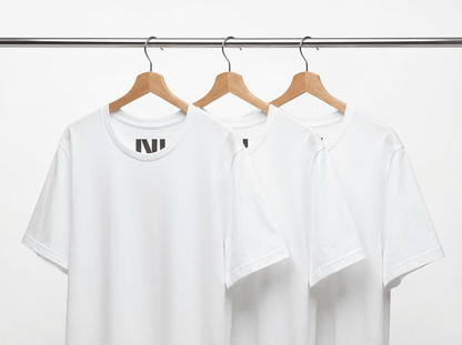 Pack of three tailored fit white 100% Airlume cotton t-shirts by MOEBEER, crew neck basics bundle
