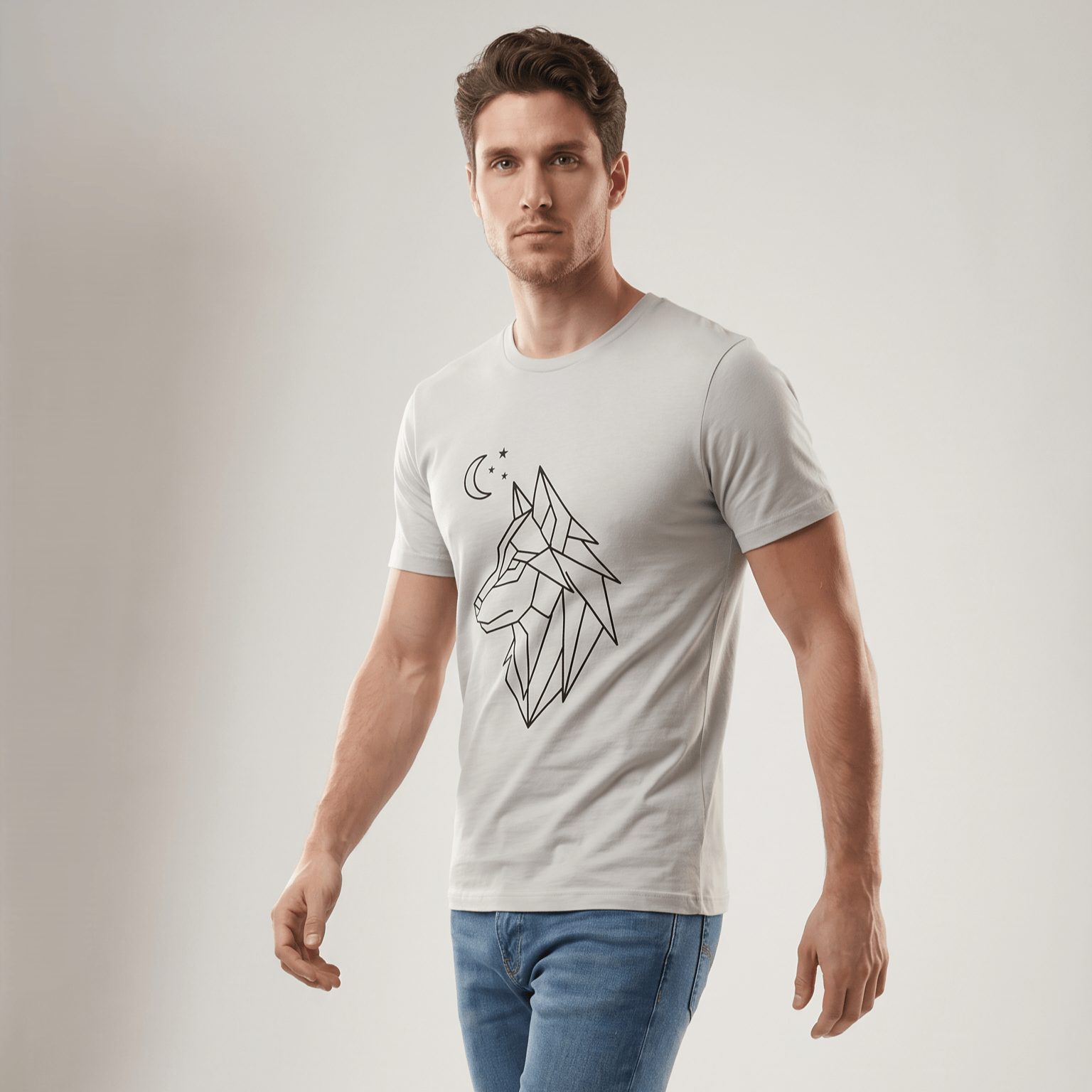 Man wearing a light gray t-shirt with a geometric wolf design on a plain background #Silver