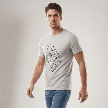 Man wearing a light gray t-shirt with a geometric wolf design on a plain background #Silver