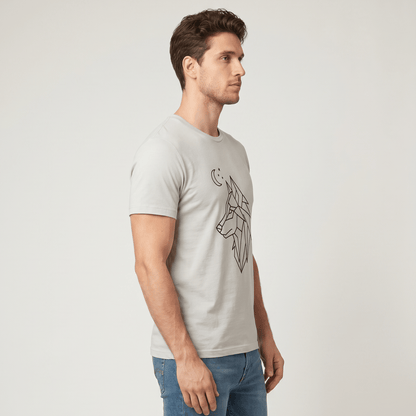 Man wearing a light gray t-shirt with a geometric wolf design on a plain background #Silver