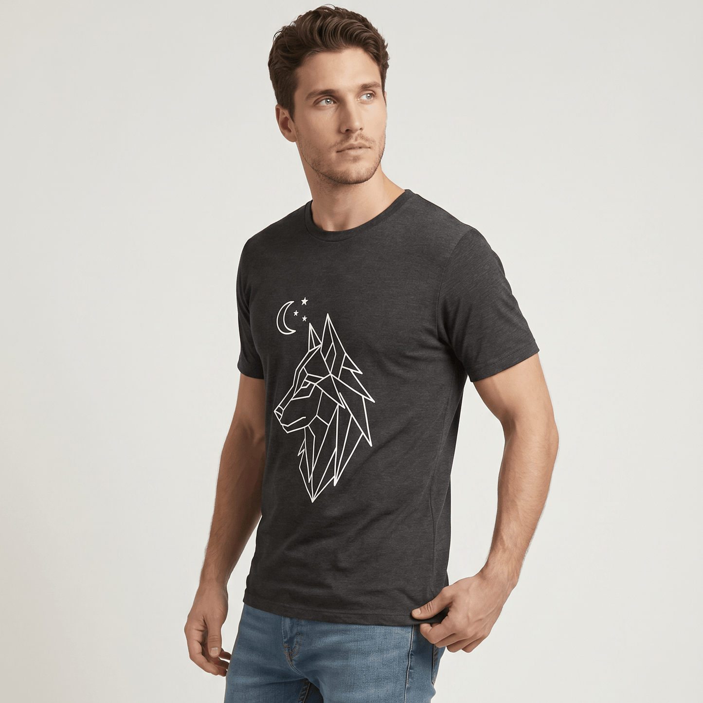Man wearing a dark gray t-shirt with a geometric wolf design on a light gray background #Dark Grey Heather
