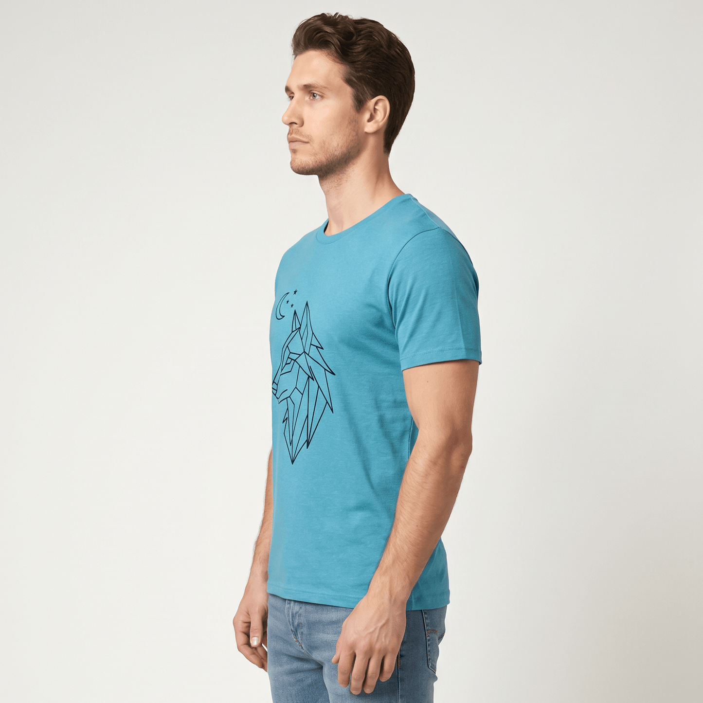 Man wearing a blue t-shirt with a graphic design on a plain background #Heather Aqua