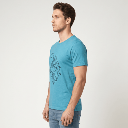 Man wearing a blue t-shirt with a graphic design on a plain background #Heather Aqua