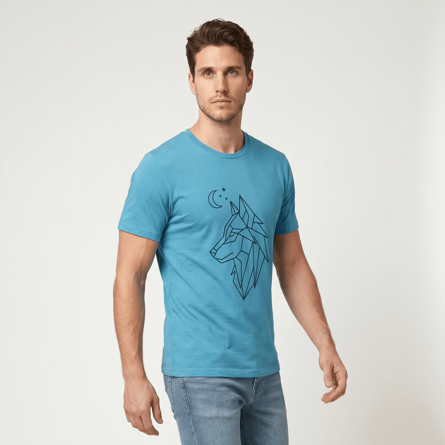 Man wearing a blue t-shirt with a geometric wolf design on a plain background #Heather Aqua
