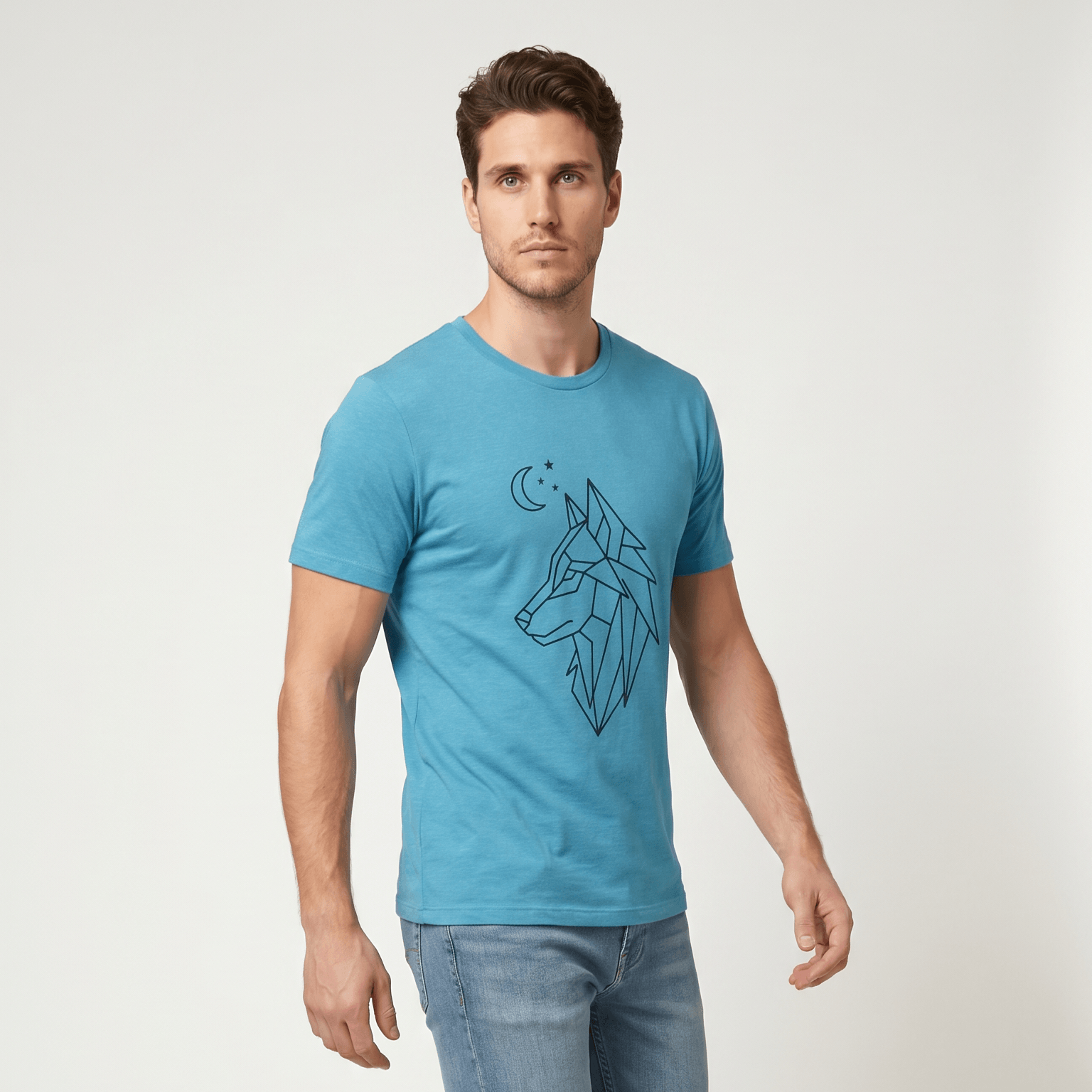 Man wearing a blue t-shirt with a geometric wolf design on a plain background #Heather Aqua