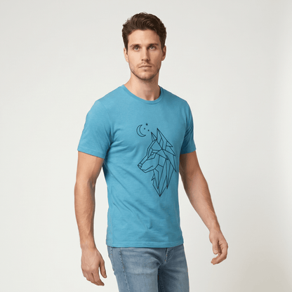 Man wearing a blue t-shirt with a geometric wolf design on a plain background #Heather Aqua