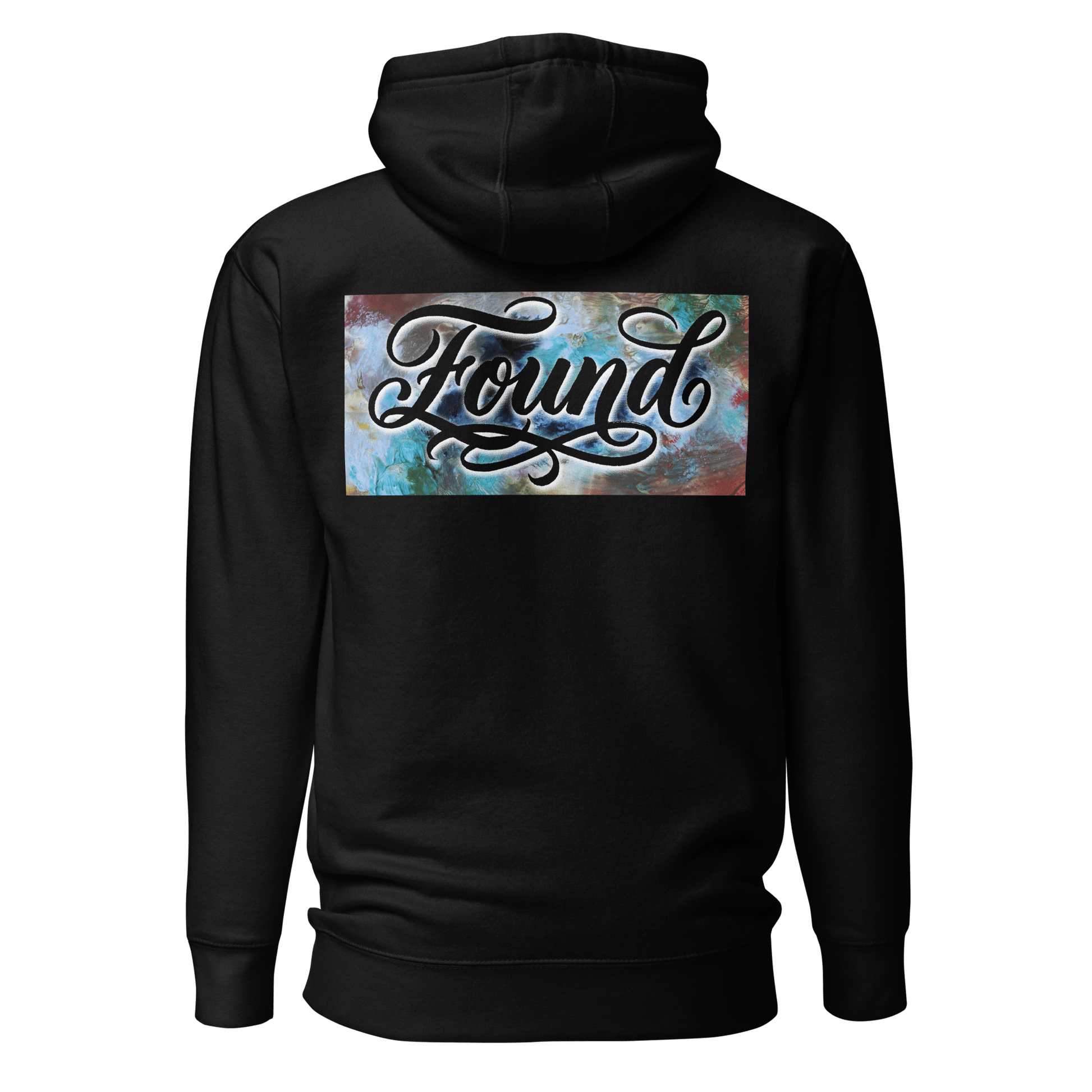 MOEBEER Hoodie featuring "Found" script over a colorful abstract paint design #Black