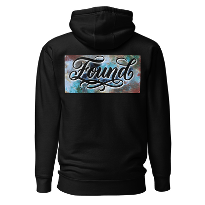 MOEBEER Hoodie featuring "Found" script over a colorful abstract paint design #Black