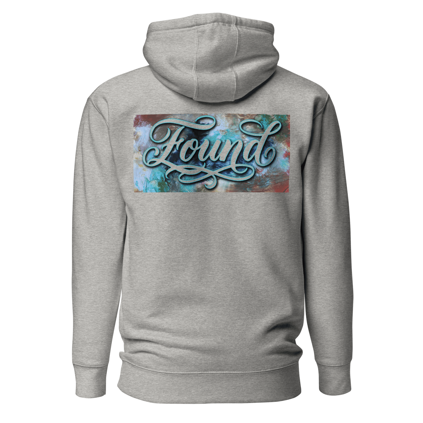 MOEBEER Hoodie featuring "Found" script over a colorful abstract paint design #Carbon Grey