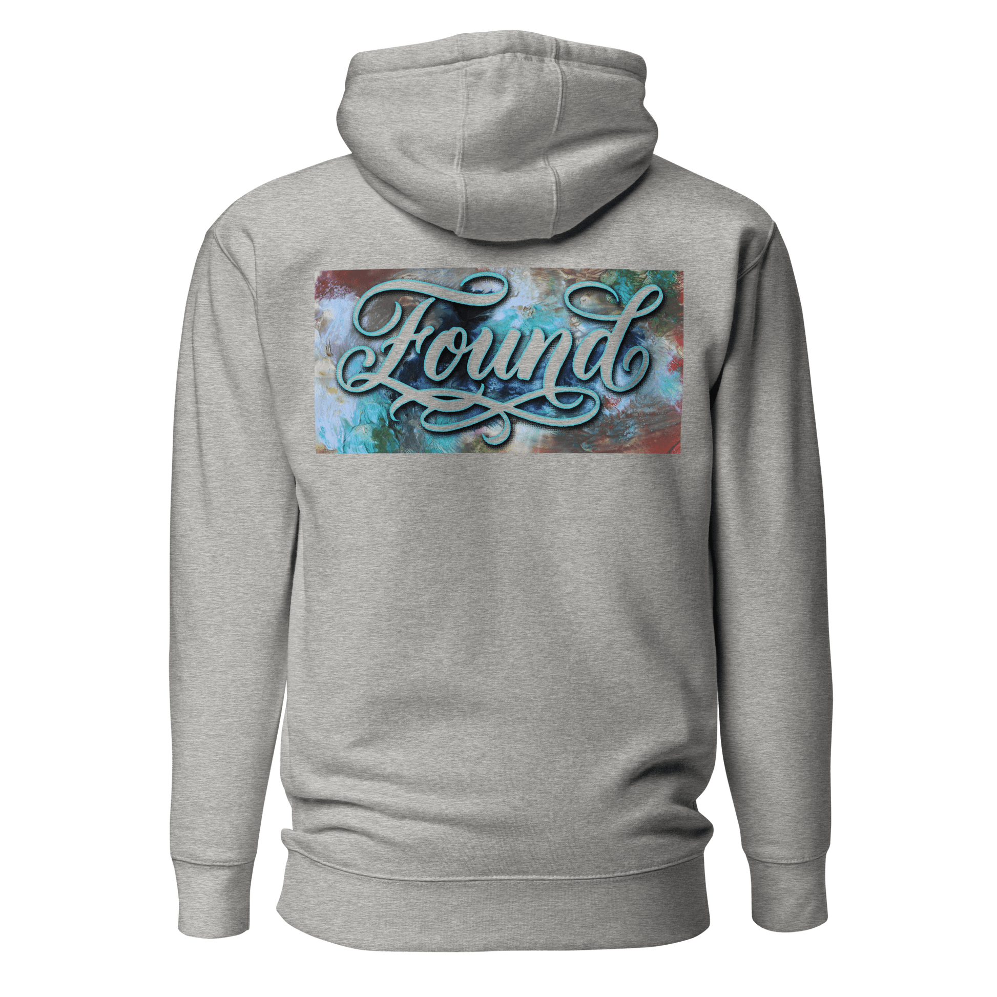 MOEBEER Hoodie featuring "Found" script over a colorful abstract paint design #Carbon Grey