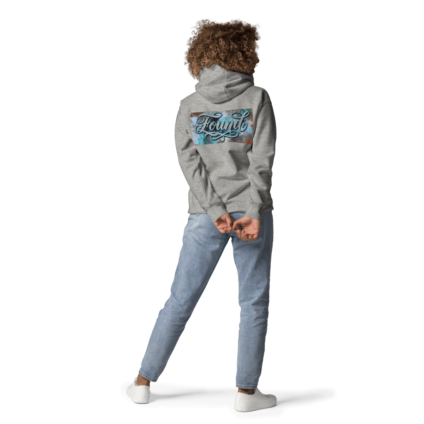 Person wearing MOEBEER Hoodie featuring "Found" script over a colorful abstract paint design #Carbon Grey