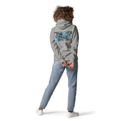 Person wearing MOEBEER Hoodie featuring "Found" script over a colorful abstract paint design #Carbon Grey