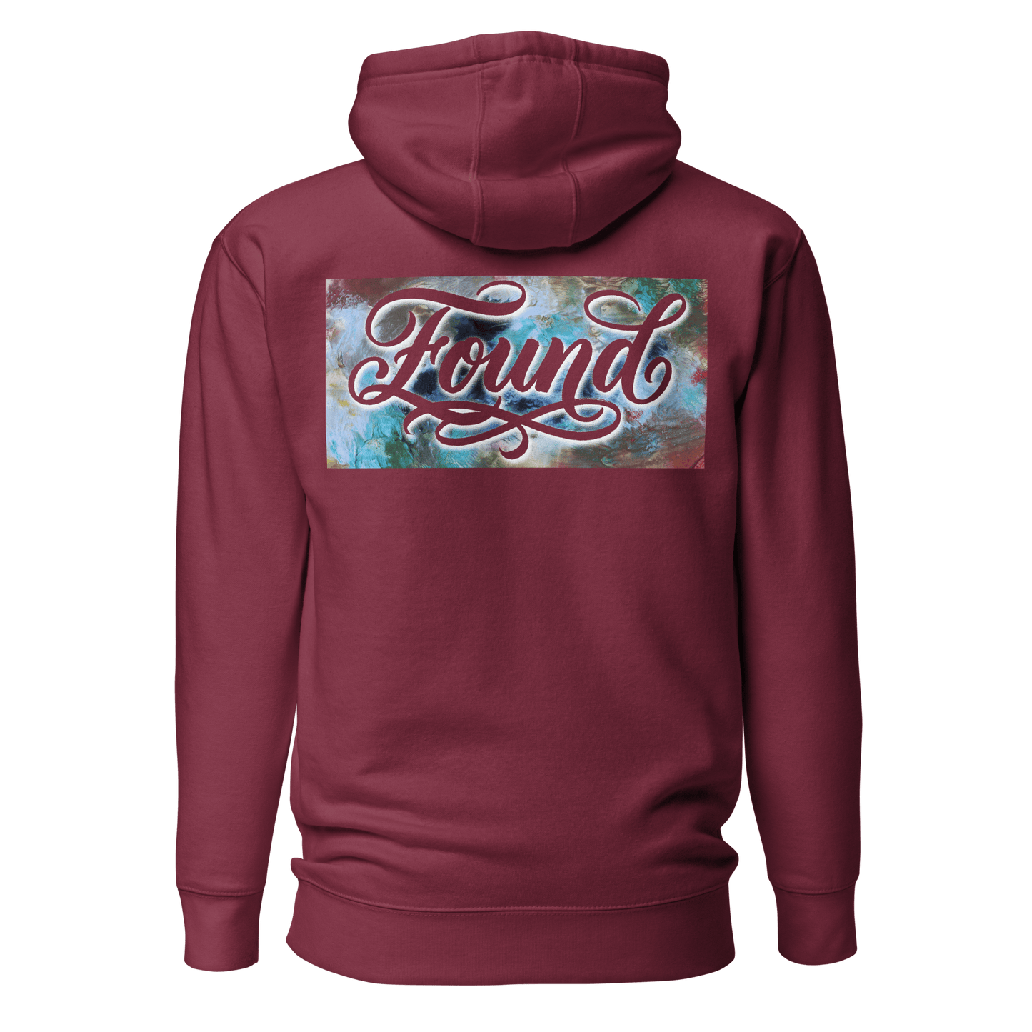 MOEBEER Hoodie featuring "Found" script over a colorful abstract paint design #Maroon