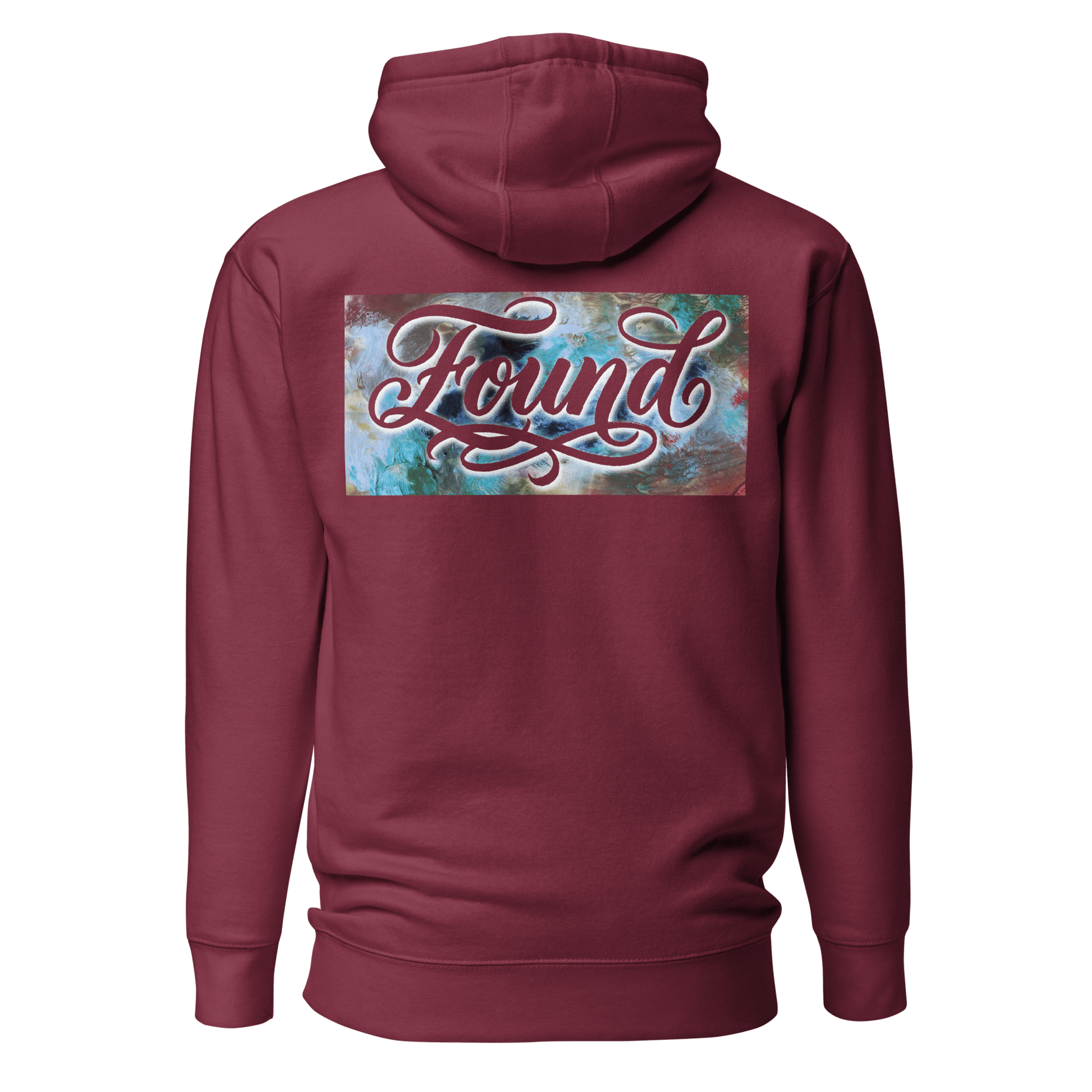 MOEBEER Hoodie featuring "Found" script over a colorful abstract paint design #Maroon