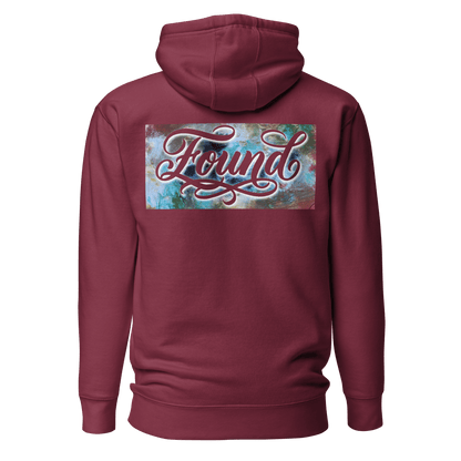 MOEBEER Hoodie featuring "Found" script over a colorful abstract paint design #Maroon