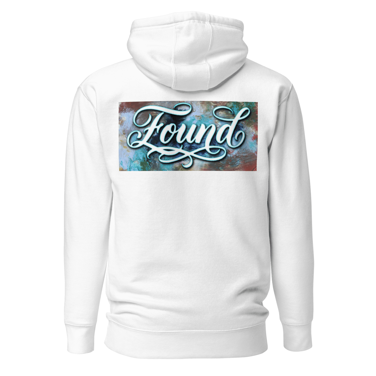 MOEBEER Hoodie featuring "Found" script over a colorful abstract paint design #White