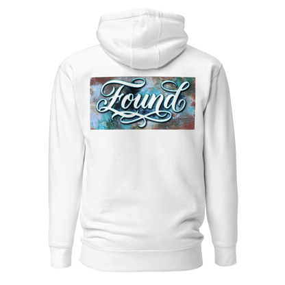 MOEBEER Hoodie featuring "Found" script over a colorful abstract paint design #White