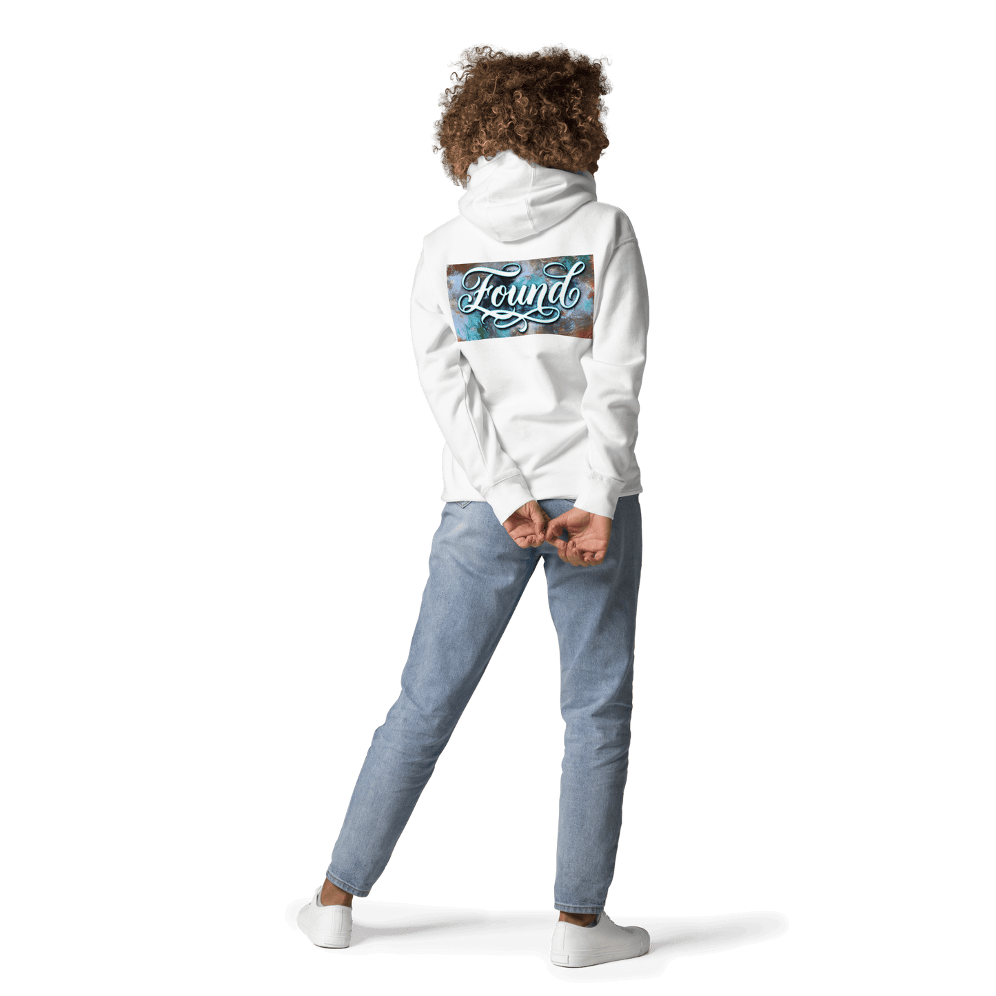 Person wearing MOEBEER Hoodie featuring "Found" script over a colorful abstract paint design #White