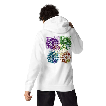 Back view of a white hoodie featuring vibrant Arabic calligraphy in colorful floral patterns, showcasing an Arabic calligraphy hoodie. #White