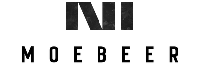 A minimalist black logo featuring a stylized monogram above the word 'MOEBEER' in a clean sans-serif typeface, centered on a solid white background.