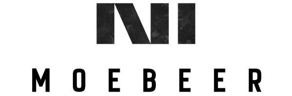 A minimalist black logo featuring a stylized monogram above the word 'MOEBEER' in a clean sans-serif typeface, centered on a solid white background.