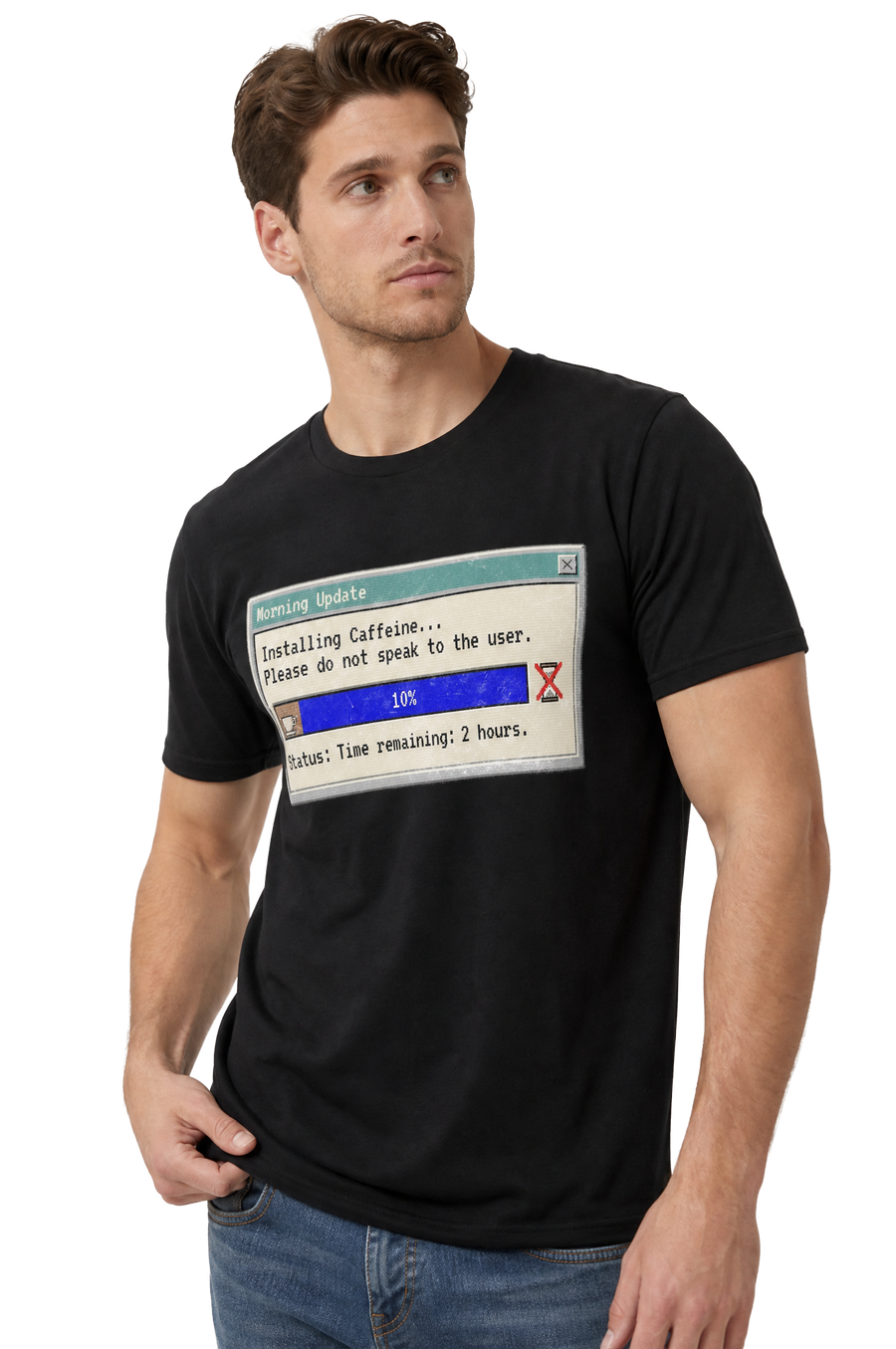 Caffeine Update retro dialog tailored fit t-shirt in black, studio catalog photo, MOEBEER UK #Black
