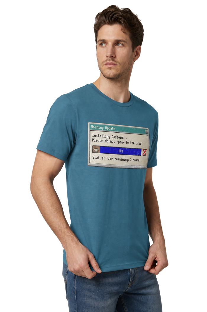 Caffeine Update retro dialog tailored fit t-shirt in heather deep teal, studio catalog photo, MOEBEER UK