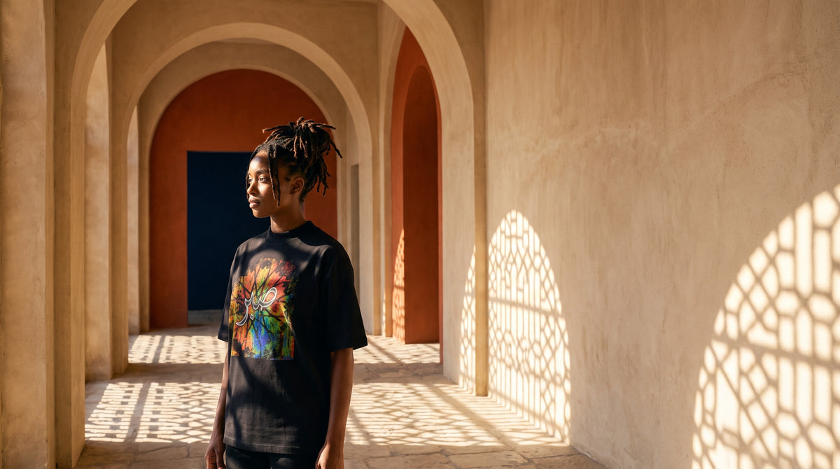 MOEBEER Sabr oversized tee in a sunlit arched corridor - every collection