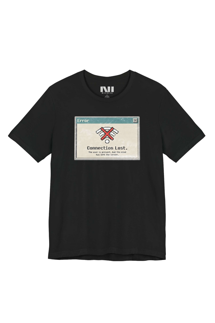 Connection Lost retro dialog tailored fit t-shirt in black, studio catalog photo, MOEBEER UK
