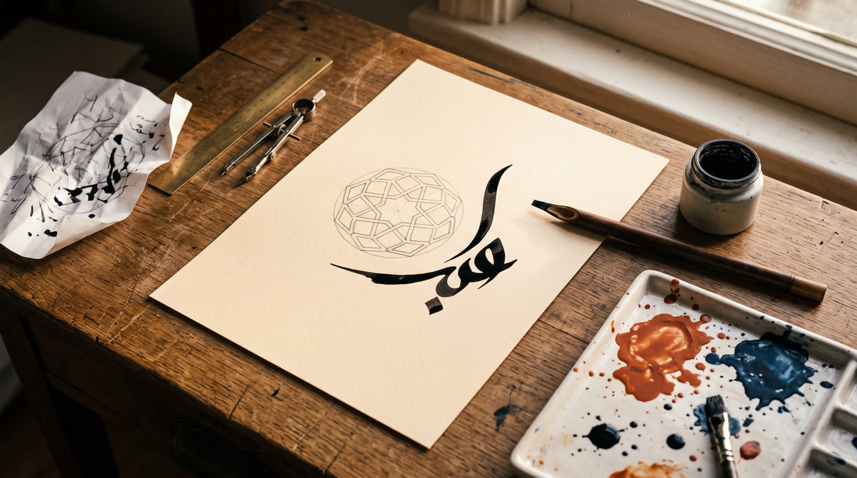 The MOEBEER studio - Arabic calligraphy and geometric medallion sketch on the artist desk