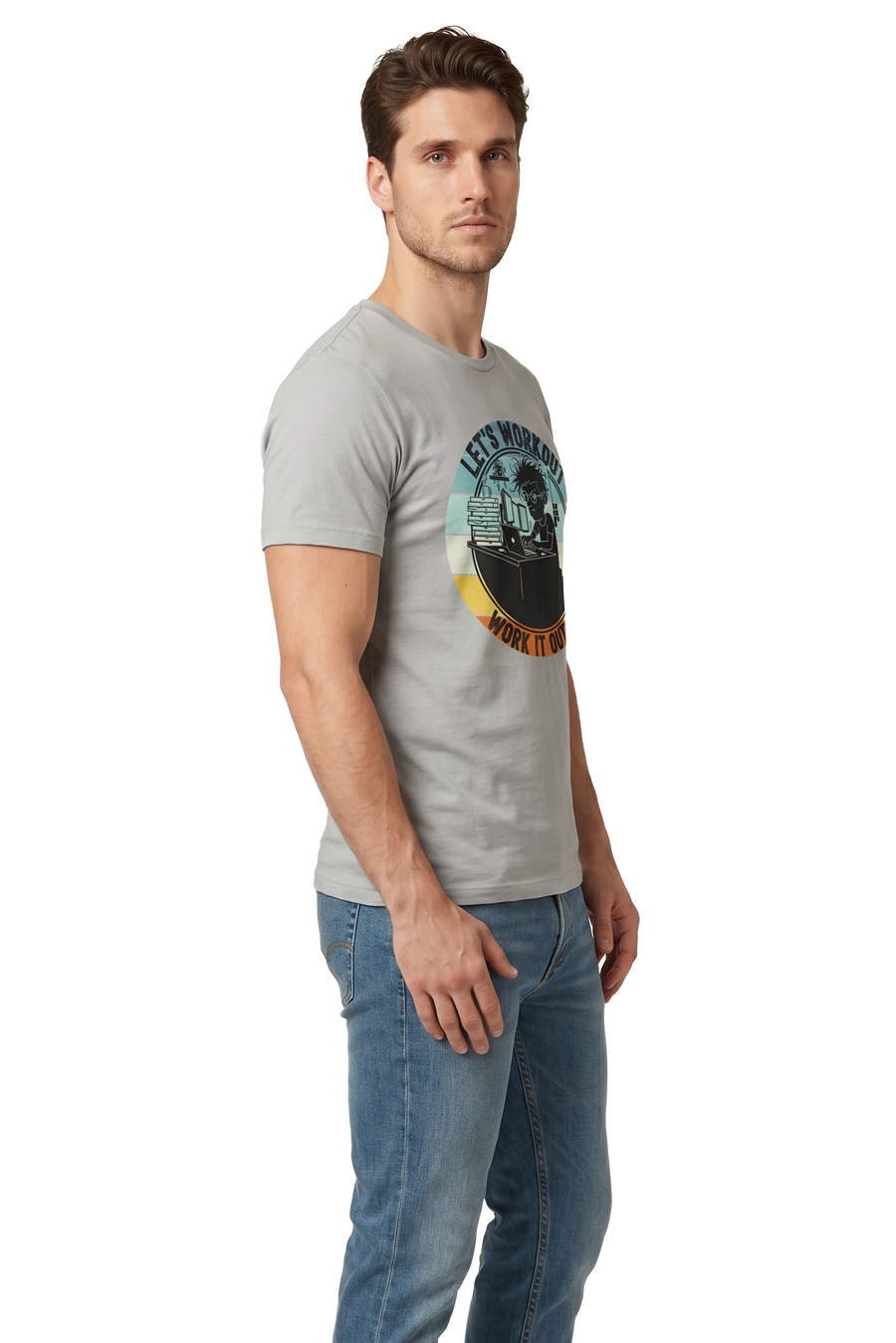 Error 404 workout astronaut tailored fit t-shirt in athletic heather, studio catalog photo, MOEBEER UK #Athletic Heather