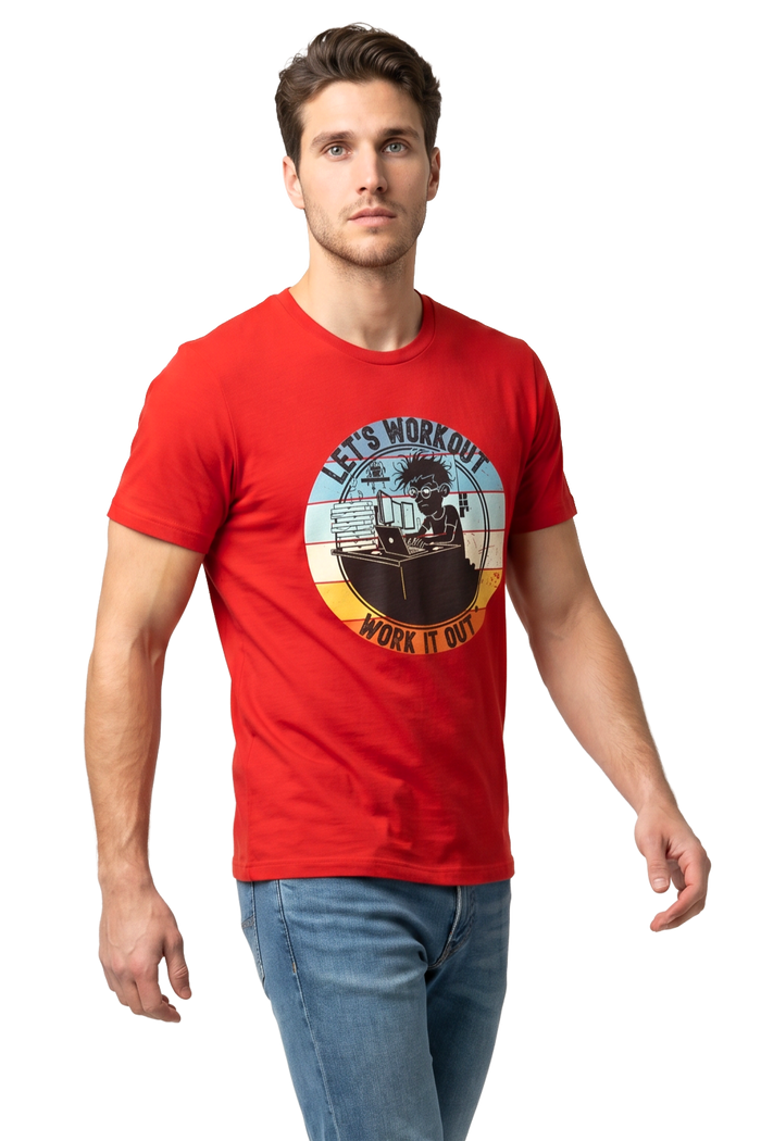 Error 404 workout astronaut tailored fit t-shirt in red, studio catalog photo, MOEBEER UK