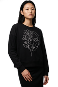 Women's floral face line art sweatshirt in black, studio catalog photo, MOEBEER UK #Black