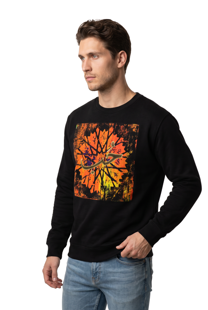 Hub love Arabic calligraphy sweatshirt in black, studio catalog photo, MOEBEER UK