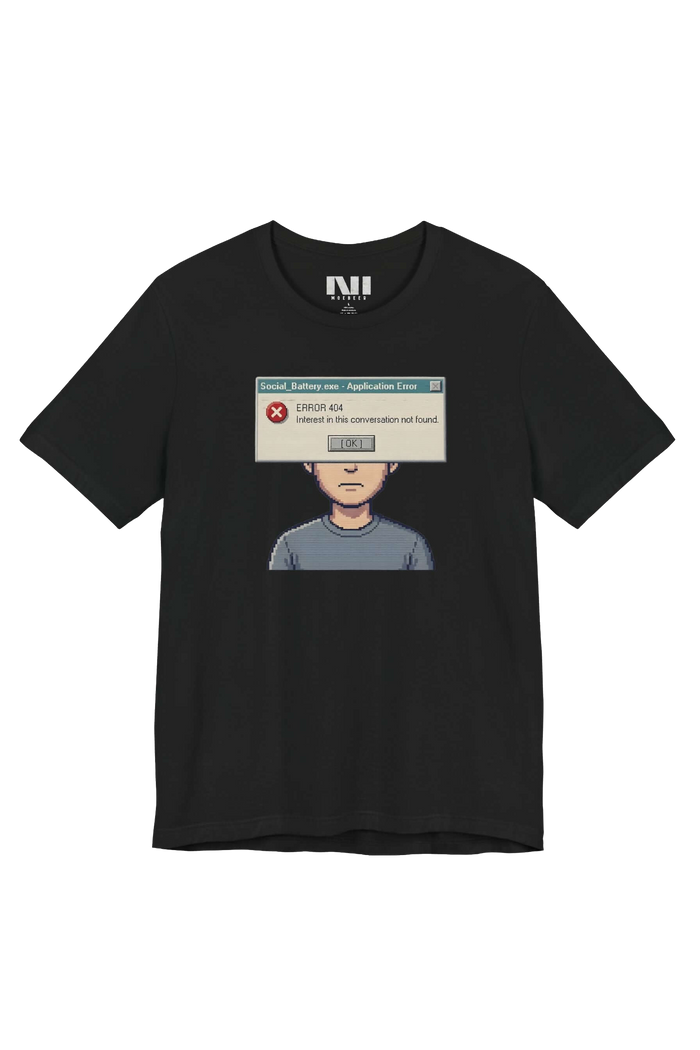 Interest Not Found retro dialog tailored fit t-shirt in black, studio catalog photo, MOEBEER UK