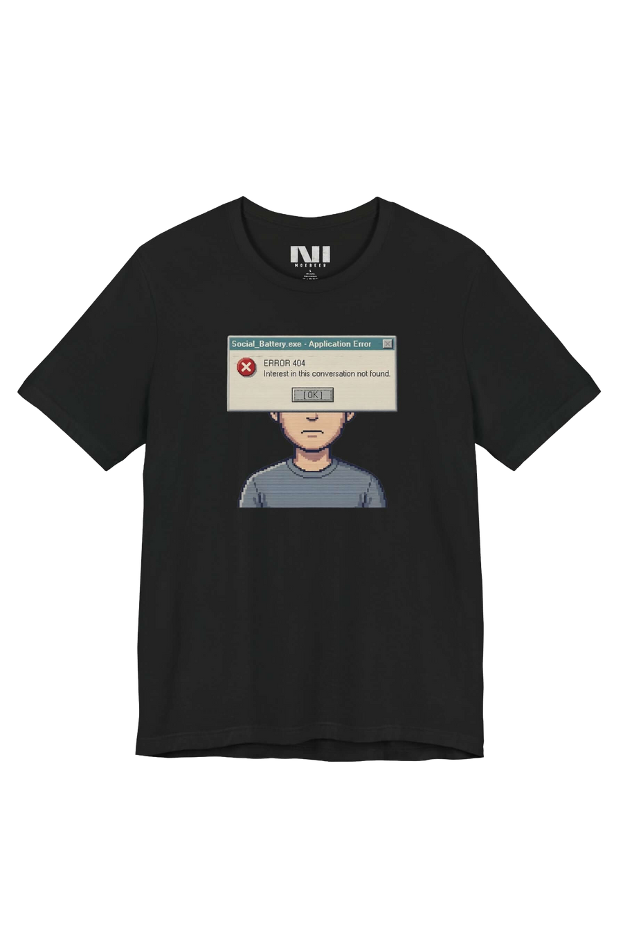 Interest Not Found retro dialog tailored fit t-shirt in black, studio catalog photo, MOEBEER UK #Black
