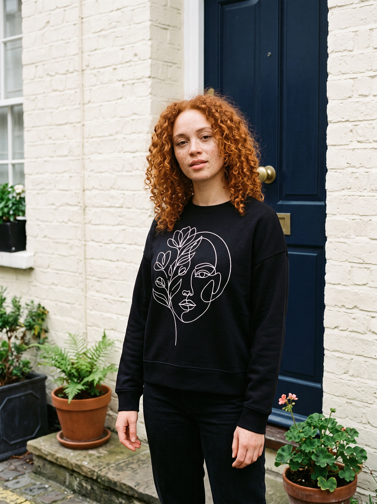 Women's Floral Face Sweatshirt worn on the body - MOEBEER lookbook 2
