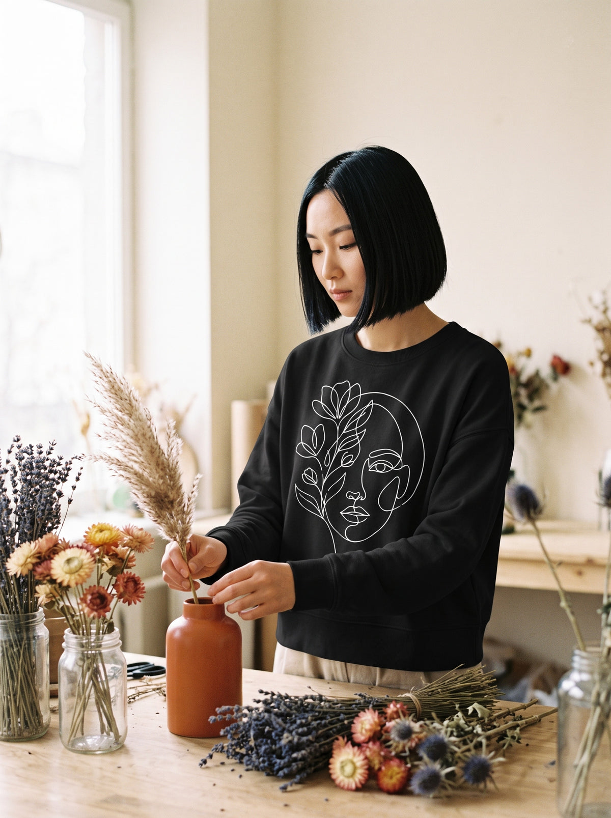 Women's Floral Face Sweatshirt worn on the body - MOEBEER lookbook 3
