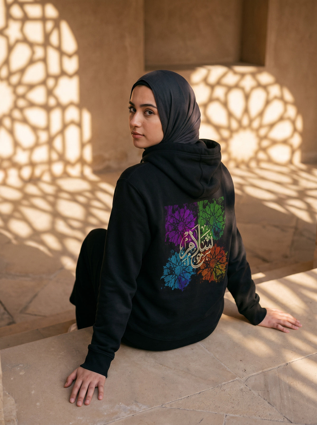 The Salam Unisex Hoodie worn on the body - MOEBEER lookbook 3