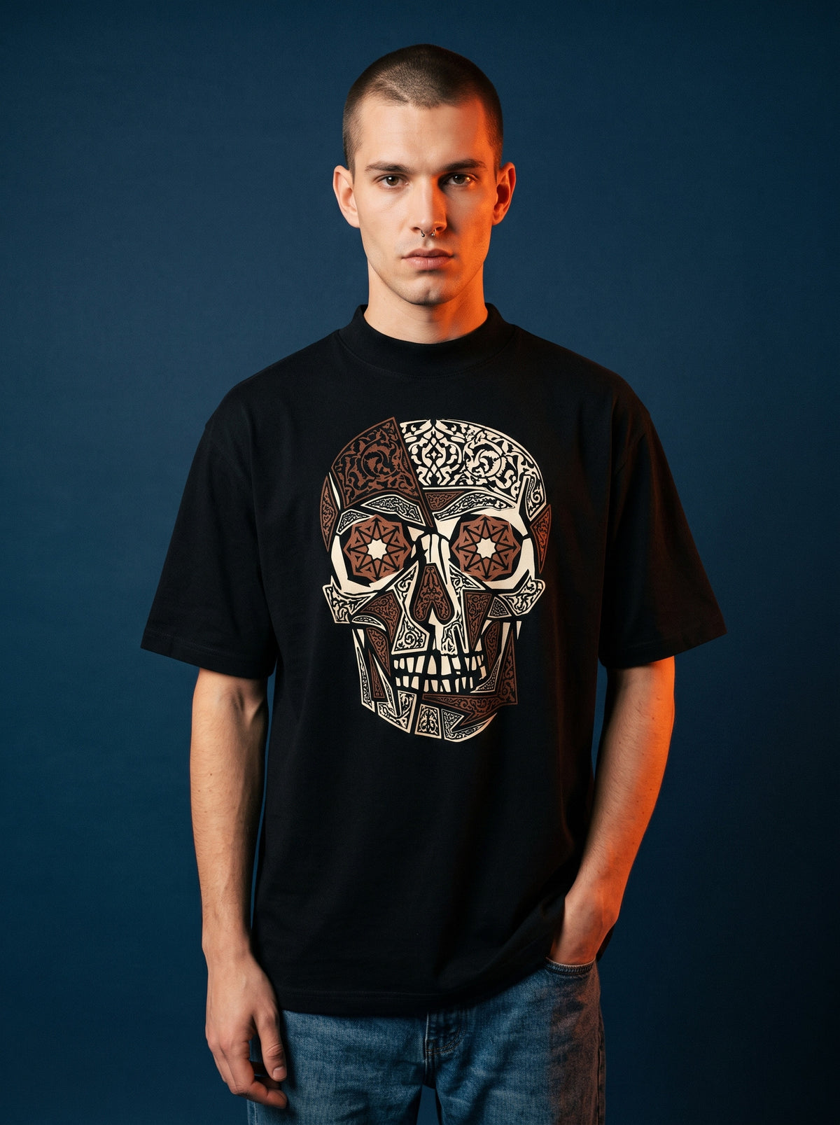 Organic Oversized High Neck Skull T-Shirt worn on the body - MOEBEER lookbook 1
