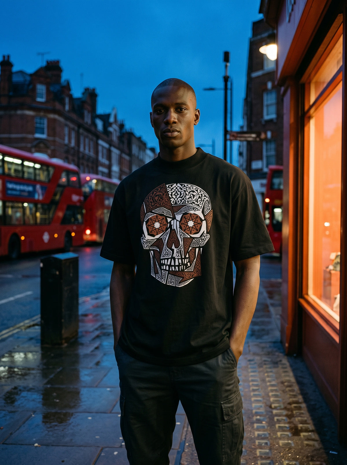 Organic Oversized High Neck Skull T-Shirt worn on the body - MOEBEER lookbook 3