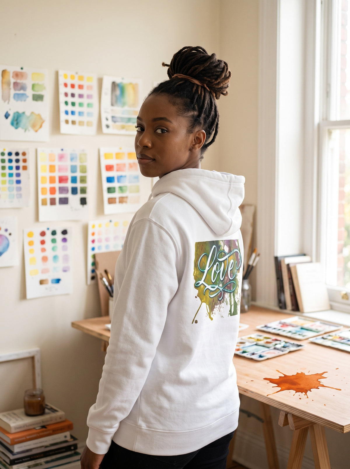 The Love Hoodie worn on the body - MOEBEER lookbook 3
