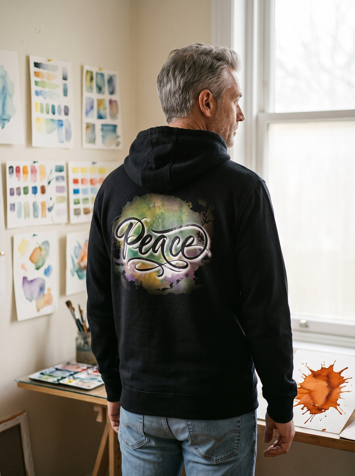 The Peace Hoodie worn on the body - MOEBEER lookbook 3