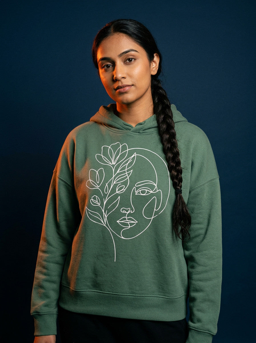 Women's Floral Face Hoodie worn on the body - MOEBEER lookbook 1