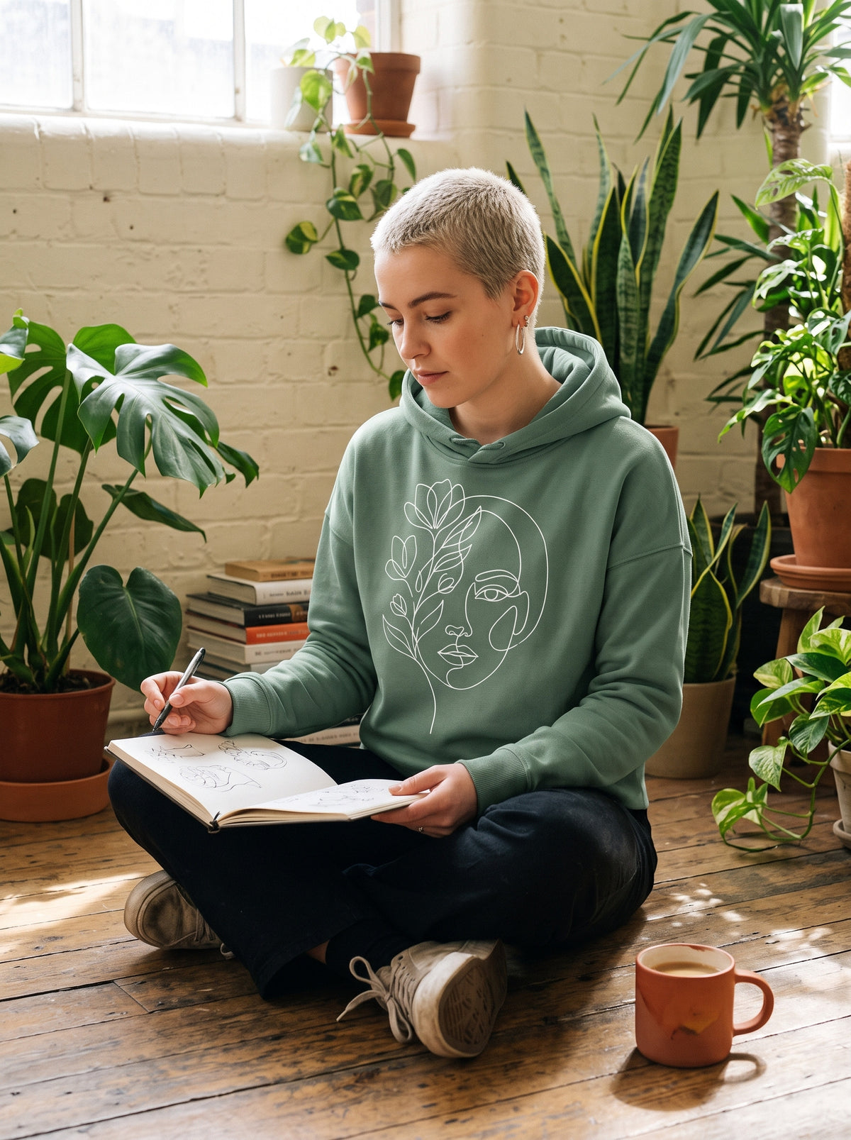 Women's Floral Face Hoodie worn on the body - MOEBEER lookbook 3