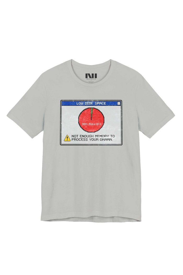 Low Disk Space retro dialog tailored fit t-shirt in athletic heather, studio catalog photo, MOEBEER UK