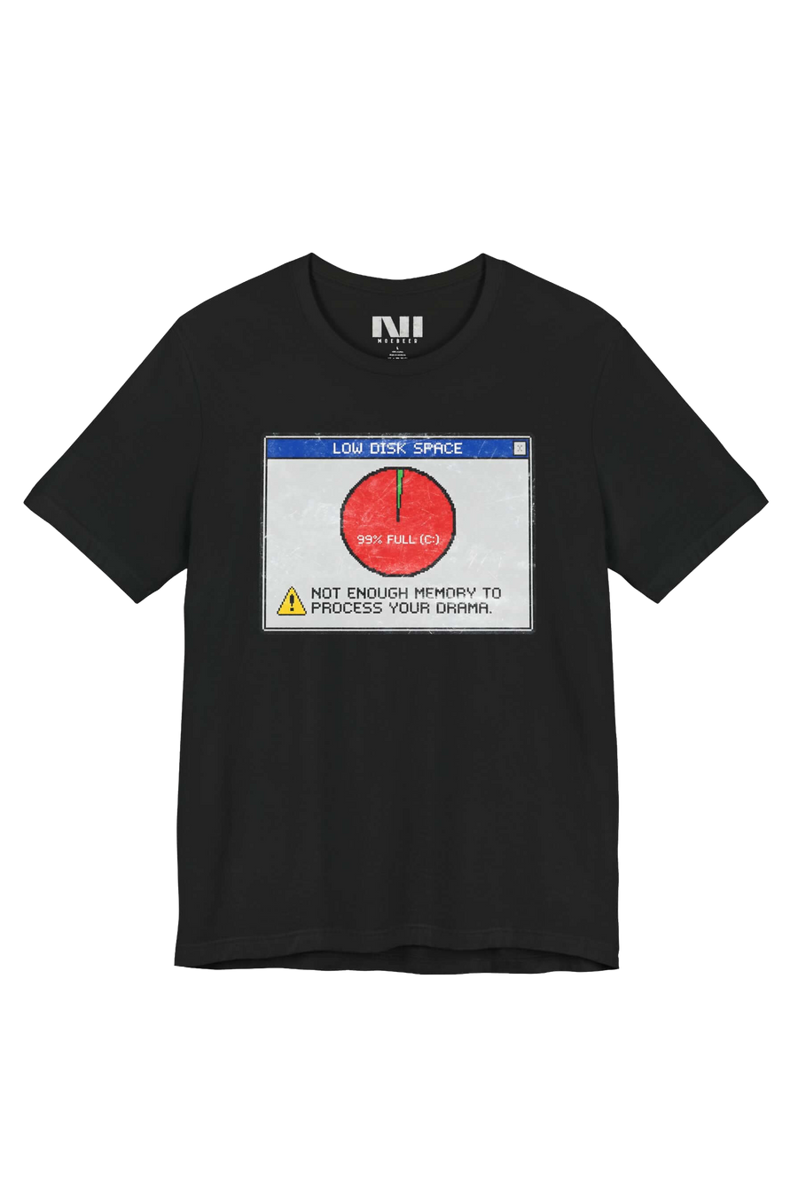Low Disk Space retro dialog tailored fit t-shirt in black, studio catalog photo, MOEBEER UK #Black