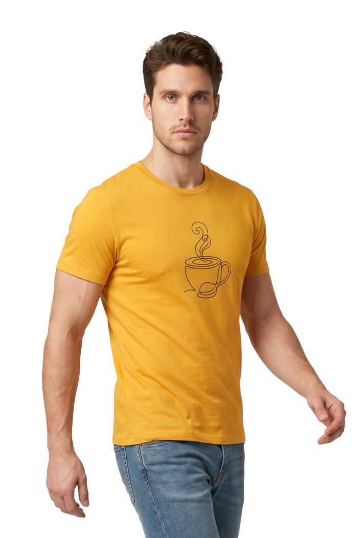 Morning Ritual coffee line art tailored fit t-shirt in mustard, studio catalog photo, MOEBEER UK