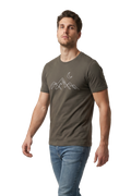 Night Ridge mountain line art tailored fit t-shirt in army, studio catalog photo, MOEBEER UK #Army